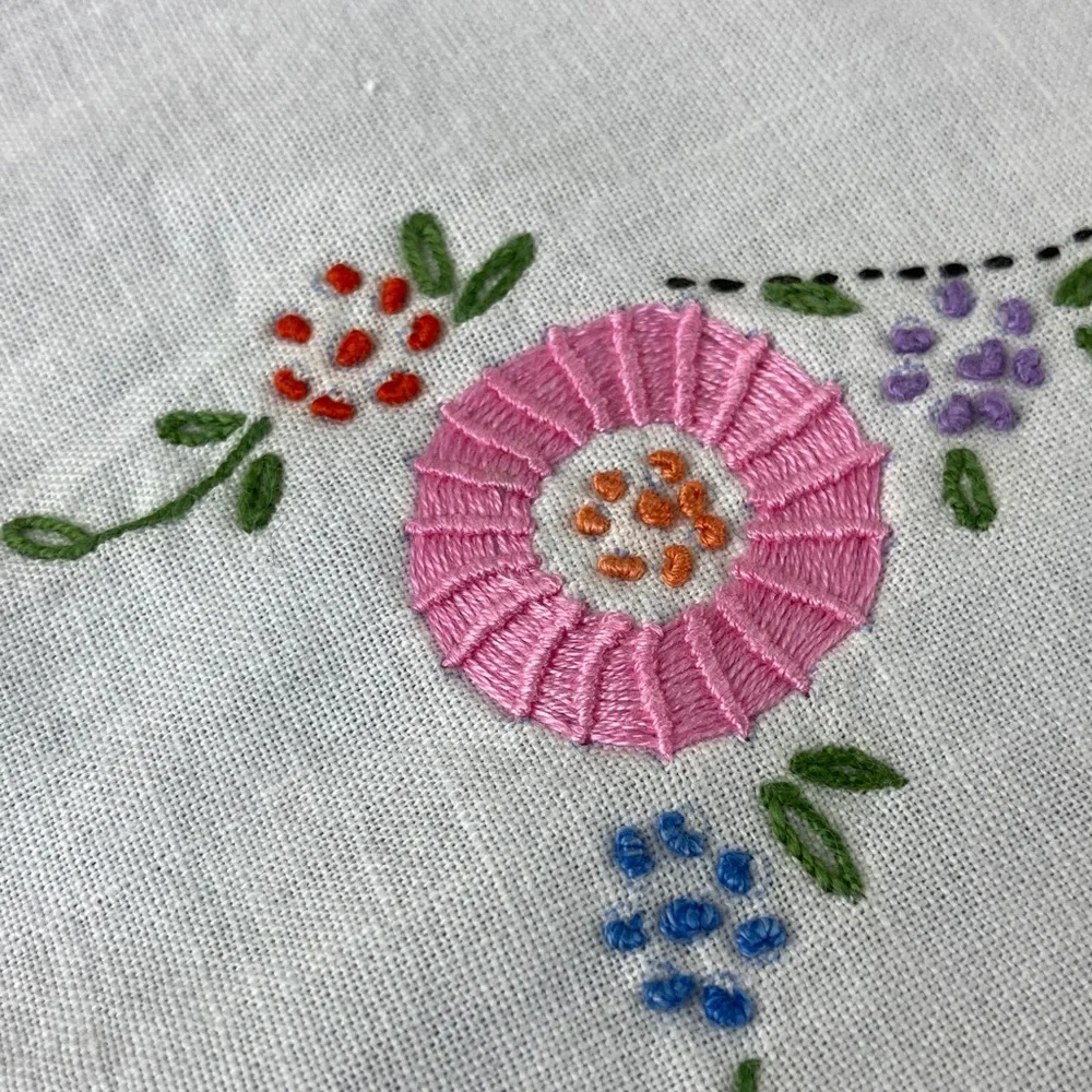 Vintage Hand Embroidered Linen & Lace Tablecloth Crinoline Ladies in Hoop Skirts